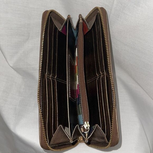 Coach Signature Brown Accordion Wallet with Satin Stripes in the interior - Picture 6 of 16